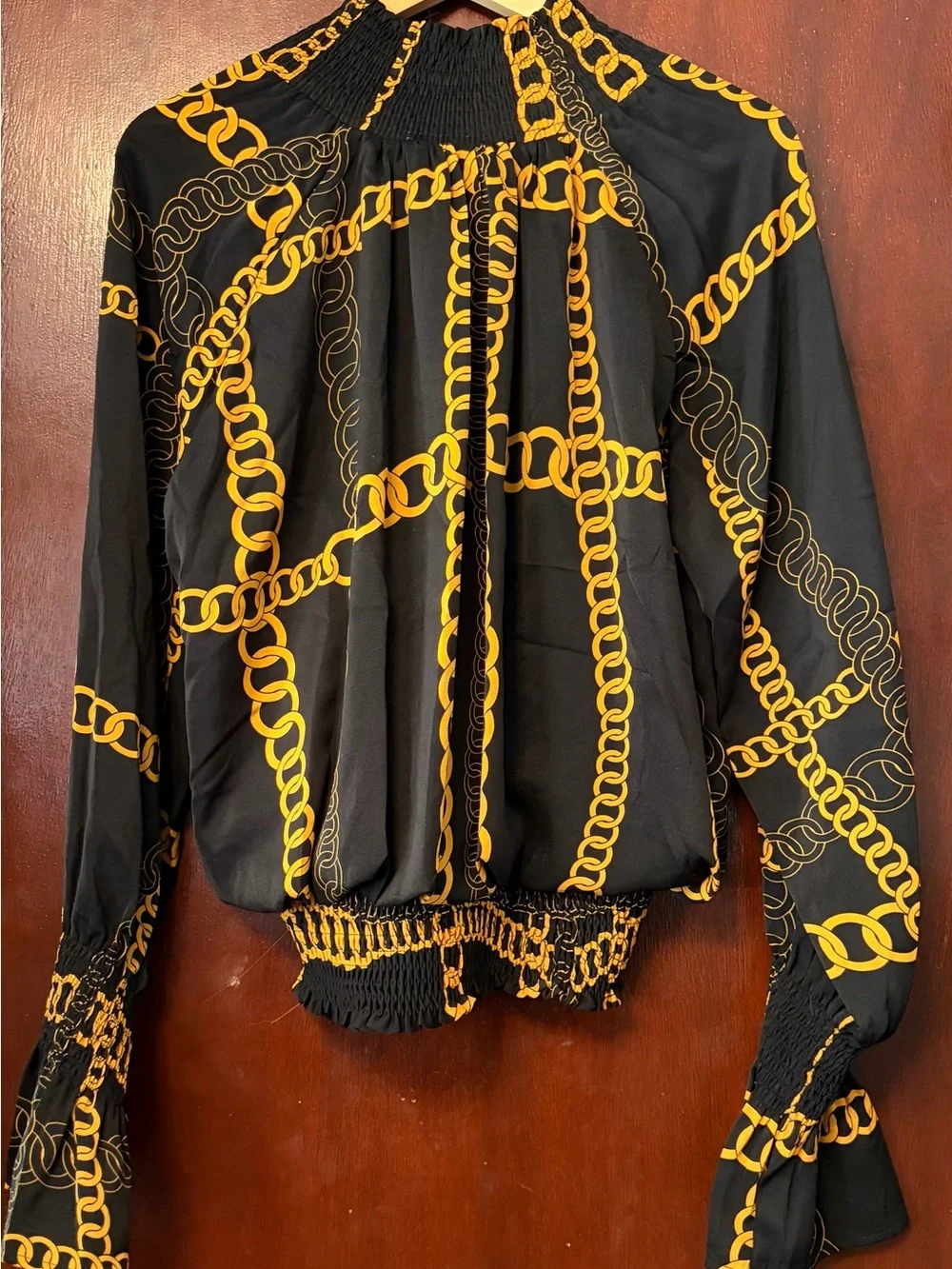 Women’s Gracia Black & Gold Chain Print Smocked Blouse - Picture 2 of 5